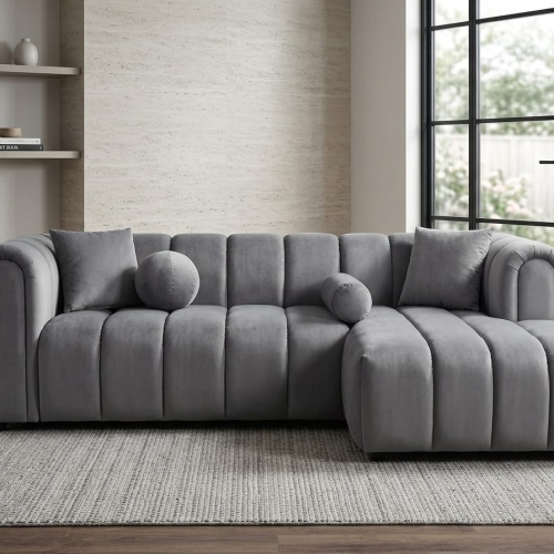 PLUSH L- SHAPE SOFA  GREY